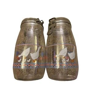 2 Vintage ARC France Niveau DeRemplissage Geese Goose Duck Glass Canister‎ Jar